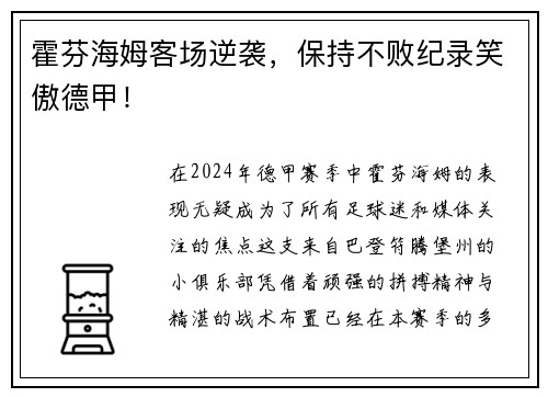 霍芬海姆客场逆袭，保持不败纪录笑傲德甲！